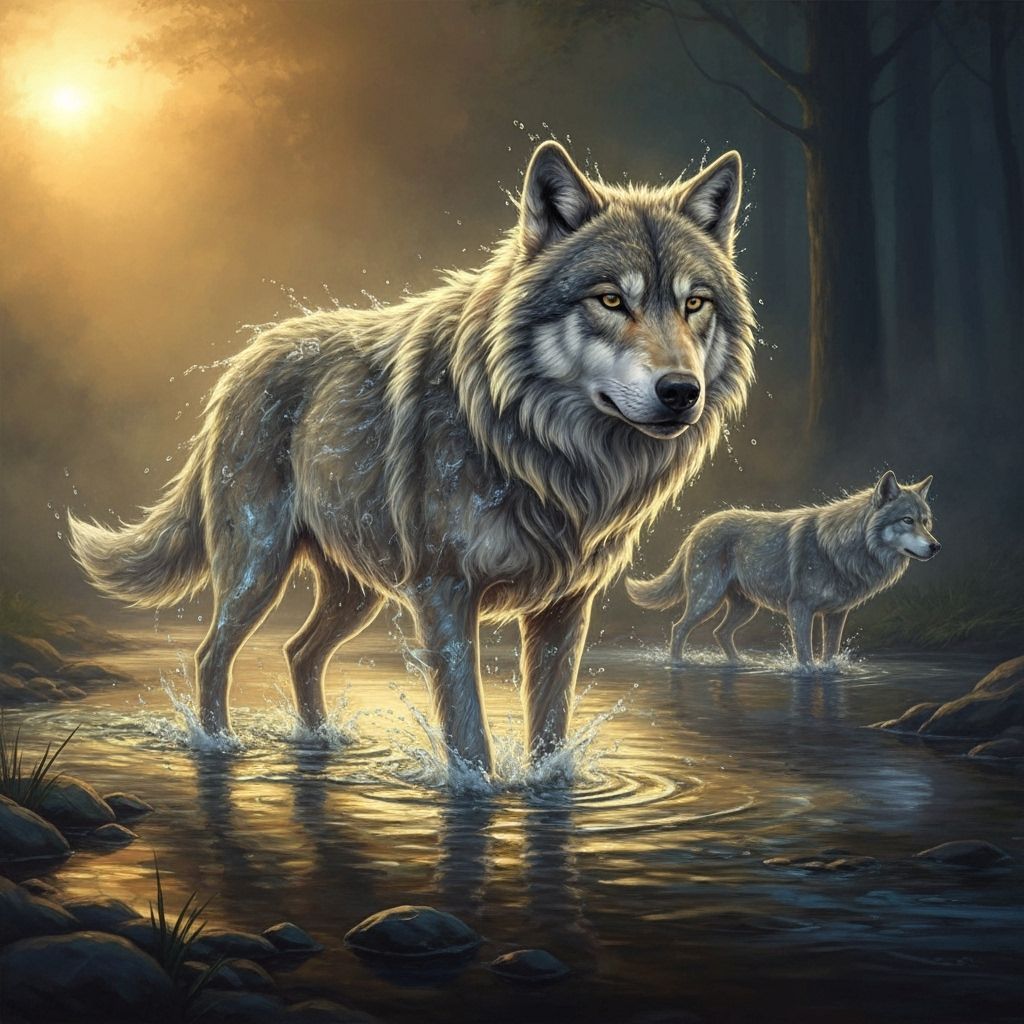 Three Water Wolves at Dawn in Romantic Oil Painting Style