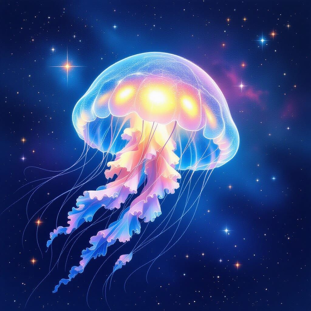 Bioluminescent Jellyfish Drifting Through Cosmic Nebula