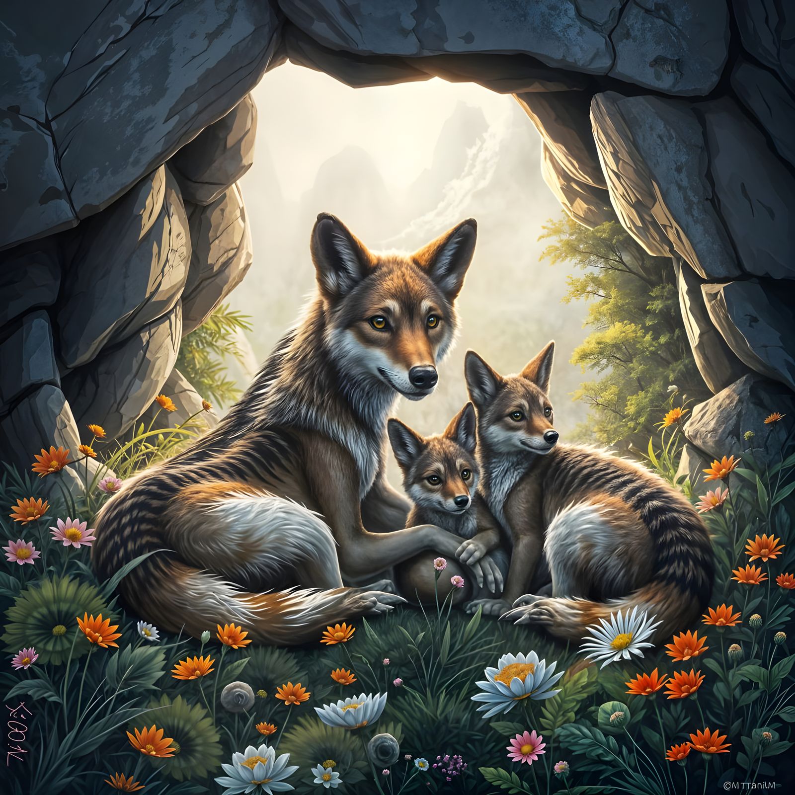 Tasmanian Wolf and Cubs in Lush Landscape