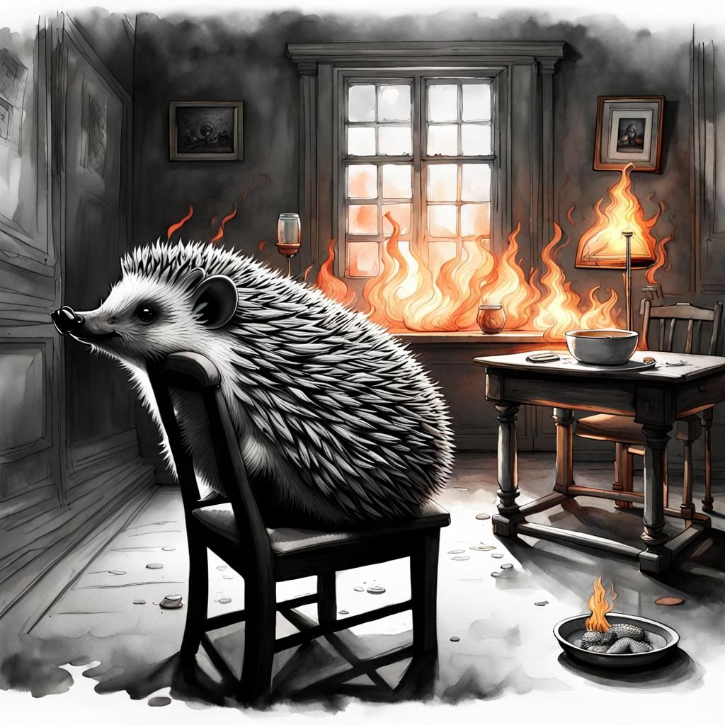 Hedgehog in Burning Room: Watercolor Dark Fantasy