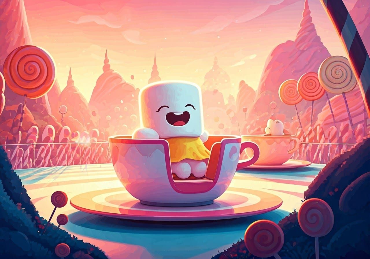 Whimsical Marshmallow Man in a Vibrant Teacup Ride