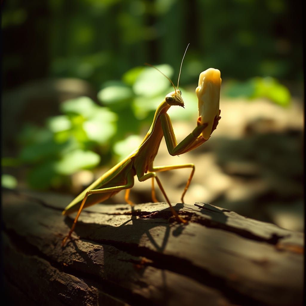 Mantis Snatches Human Molar on Forest Log