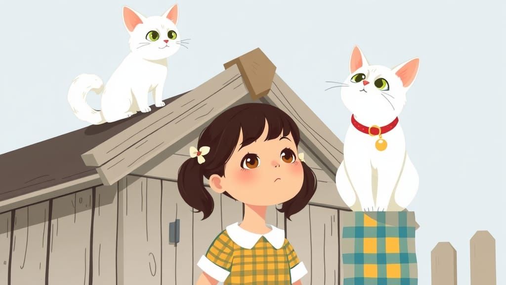 Whimsical Garden Scene with Scared Cat and Concerned Girl