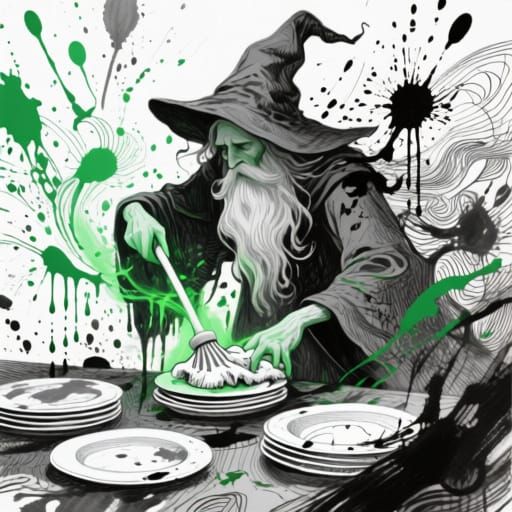 Wizard Cleaning Dishes in Abstract Mixed Media Style