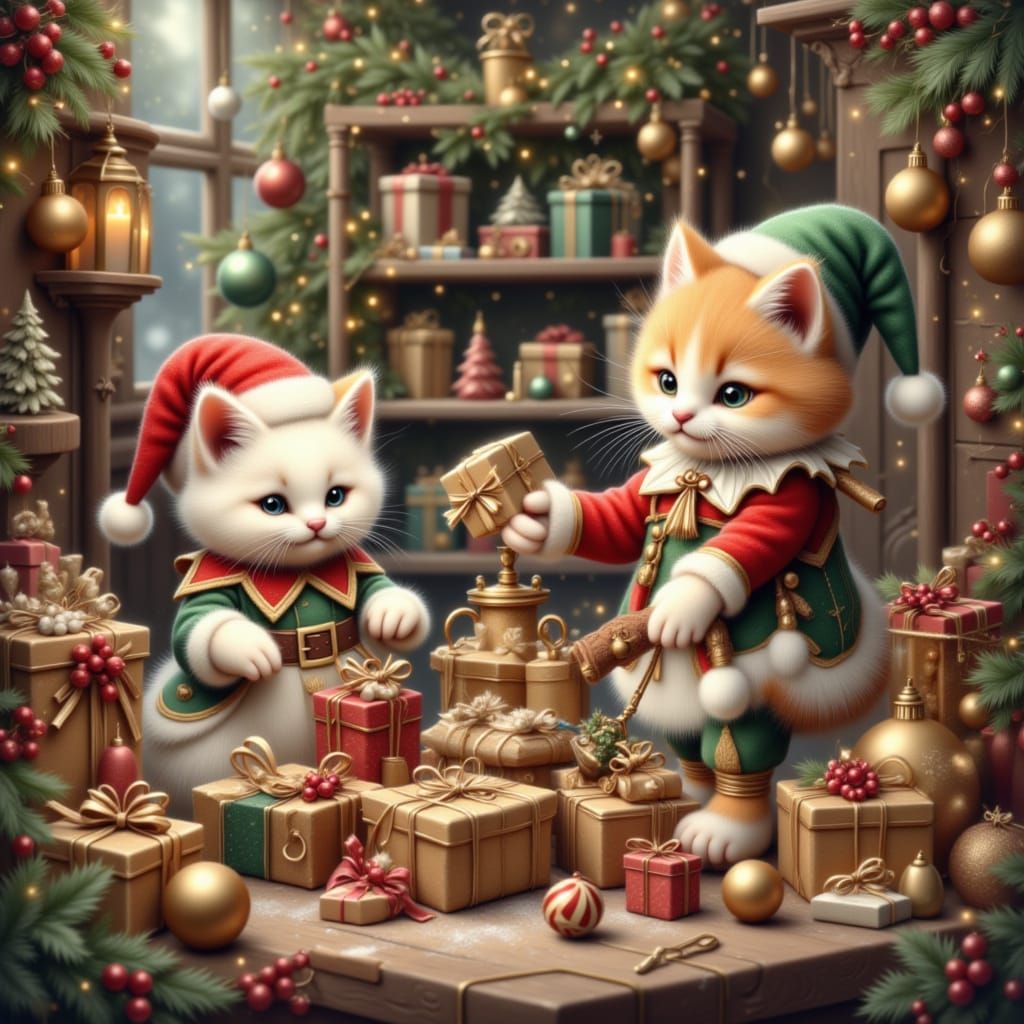 Kittens as Elves Building Toys in Cozy Workshop
