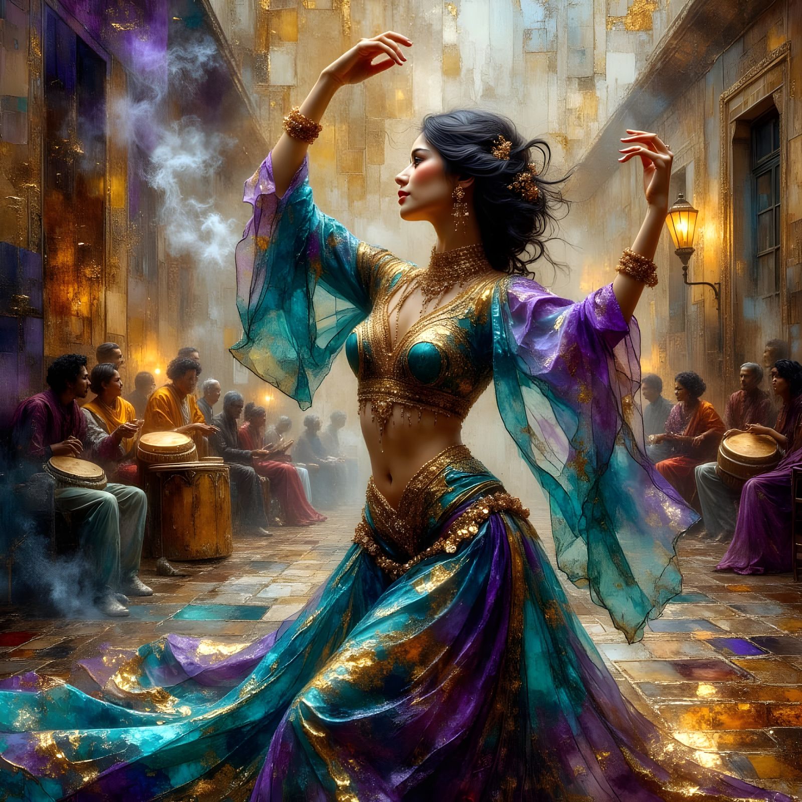 Ethereal Arabian Dancer in Turquoise and Gold Oil Painting