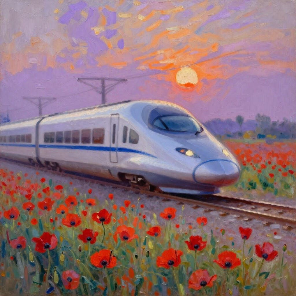 Monet Style Impressionist Train Through Poppy Field