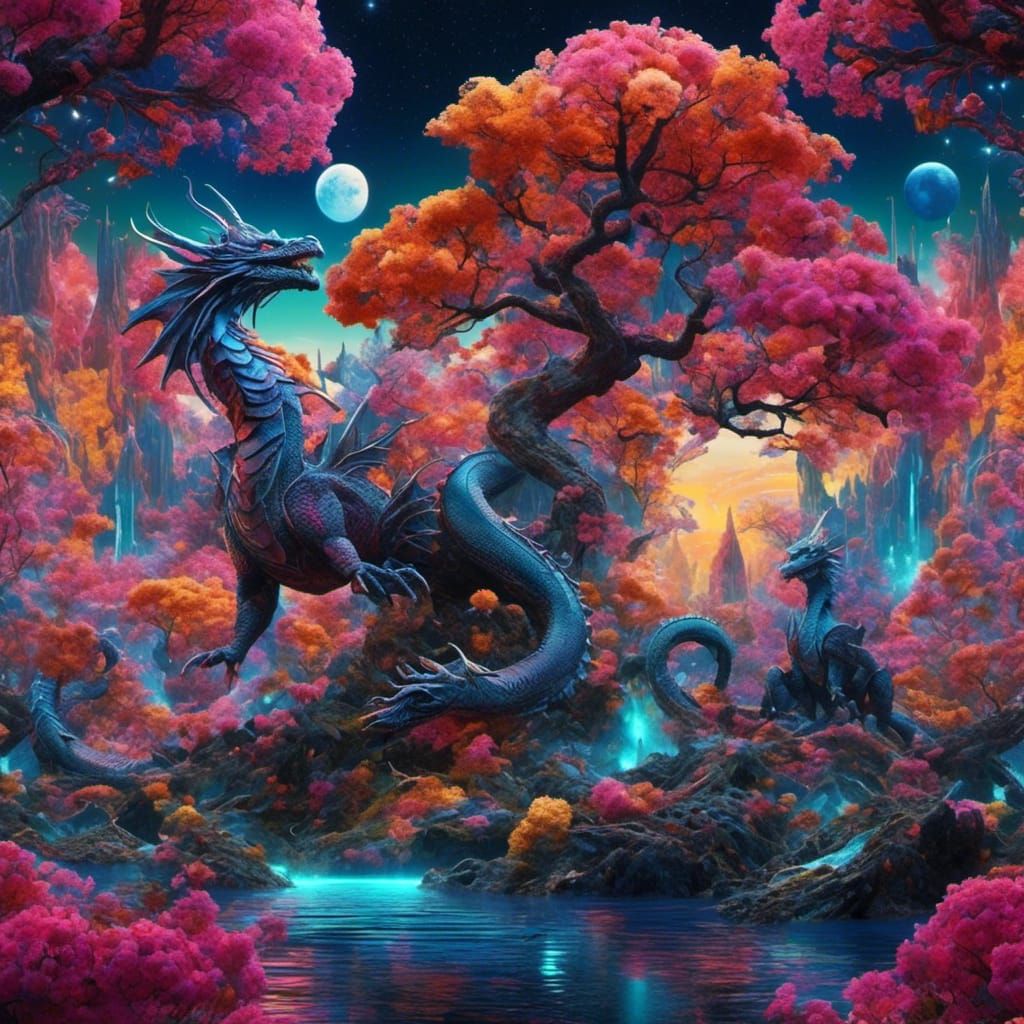 Hyperrealistic Dragons in Psychedelic Alien World