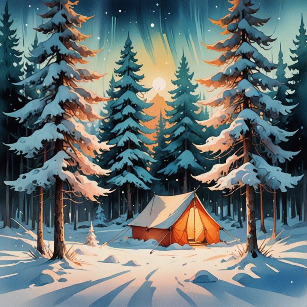 Snowy Winter Wonderland with Vibrant Tent Scene