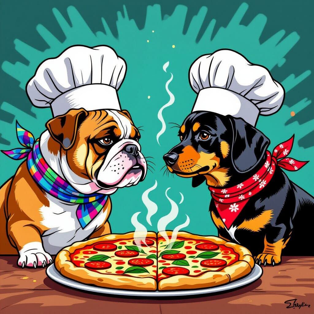 Dogs in Chef Hats Stare Down Over Pizza