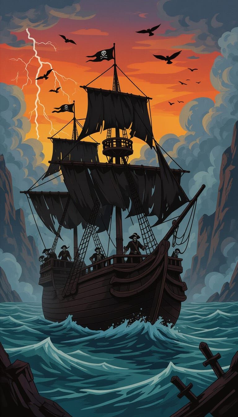 Weathered Pirate Ship in Stormy Twilight Seas