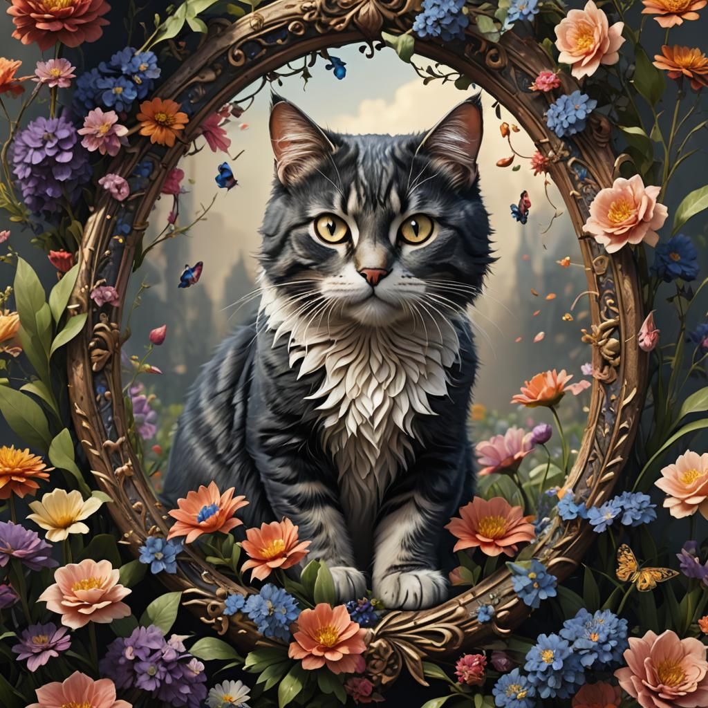 Cat Portrait with Floral Frame in Detailed Matte Painting