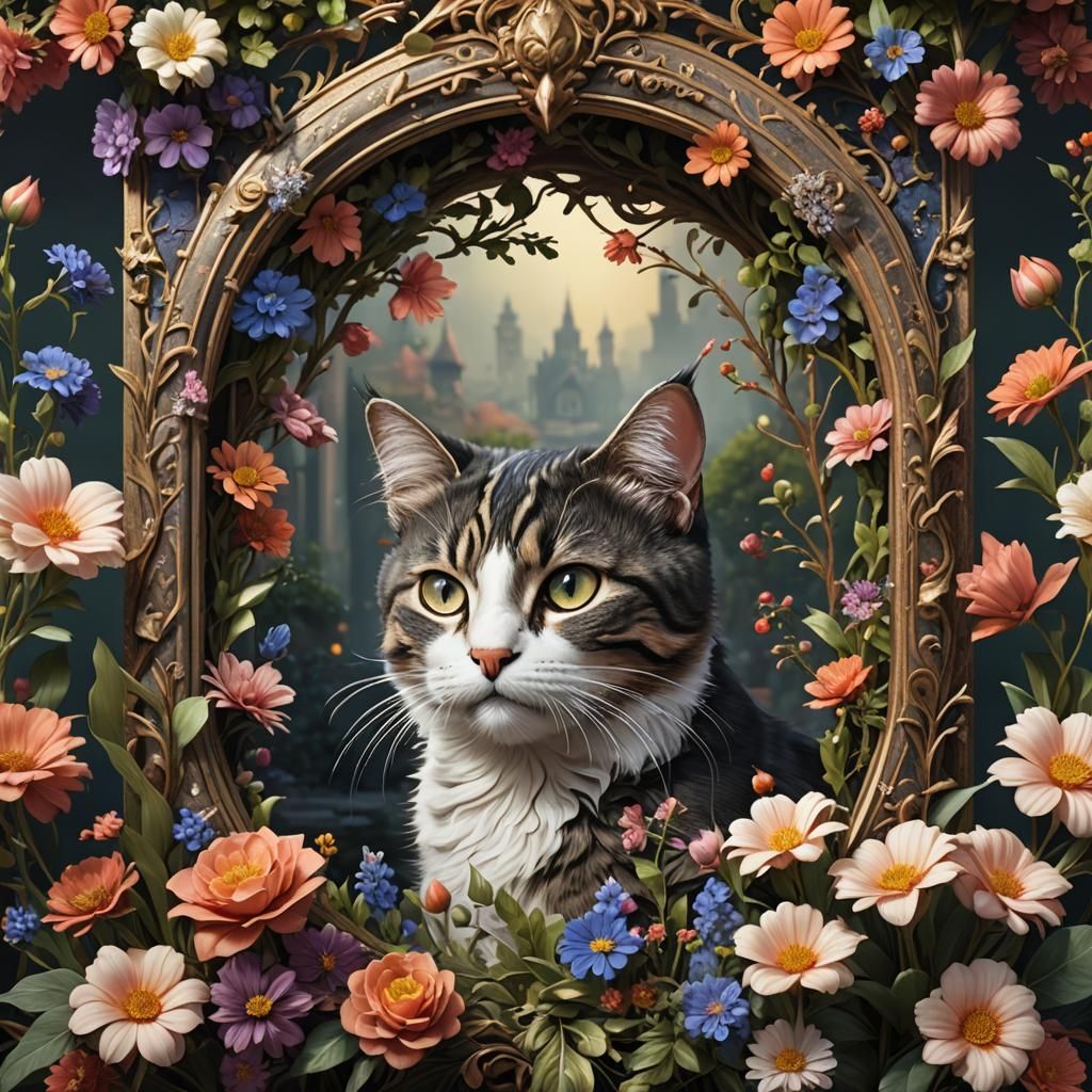 Cat Portrait with Floral Frame in Detailed Matte Painting