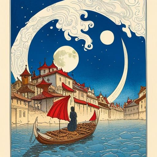 Ancient Town with Full Moon: Art Nouveau Blue Ink Drawing