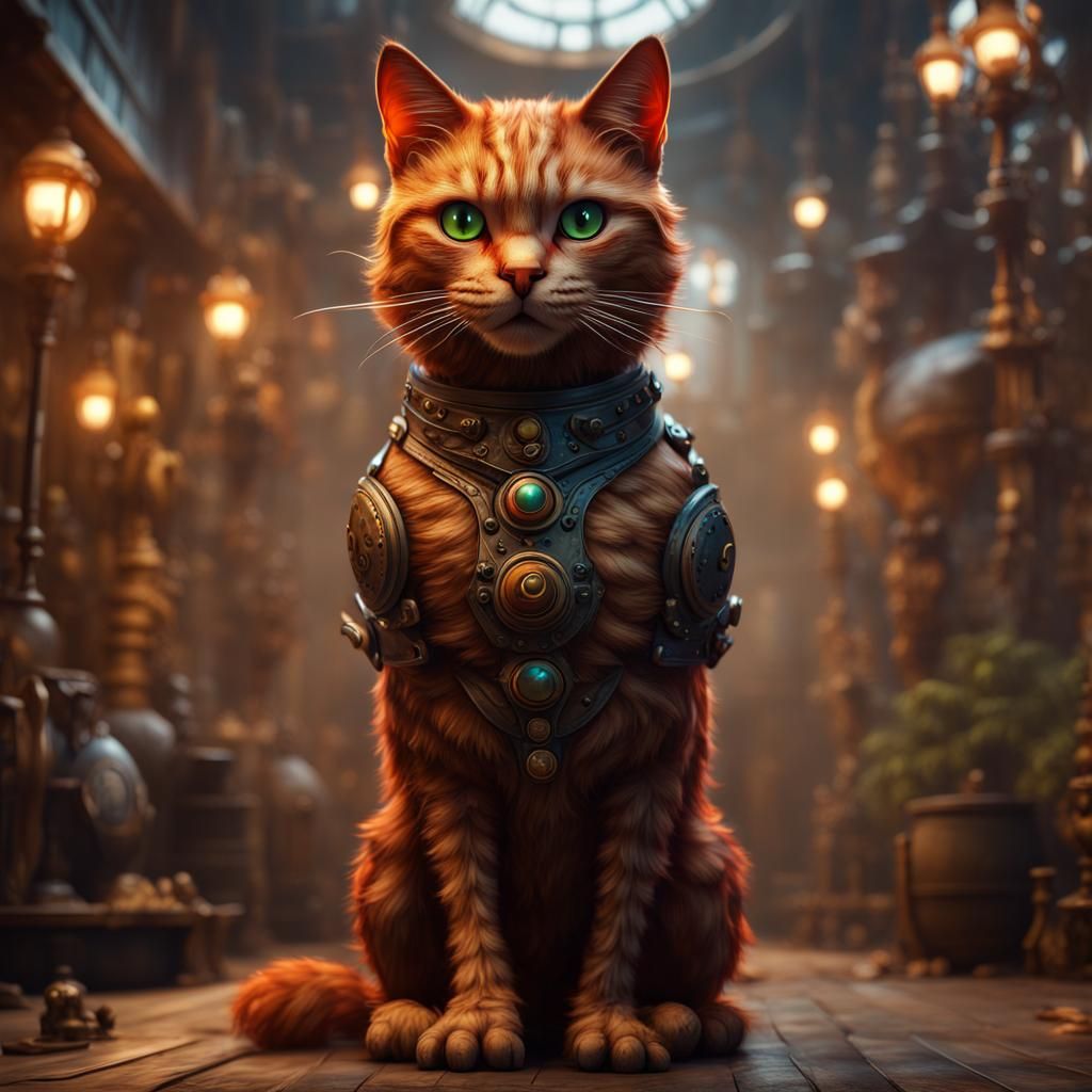 Ginger Animatronic Cat Standing: Detailed Fantasy Art
