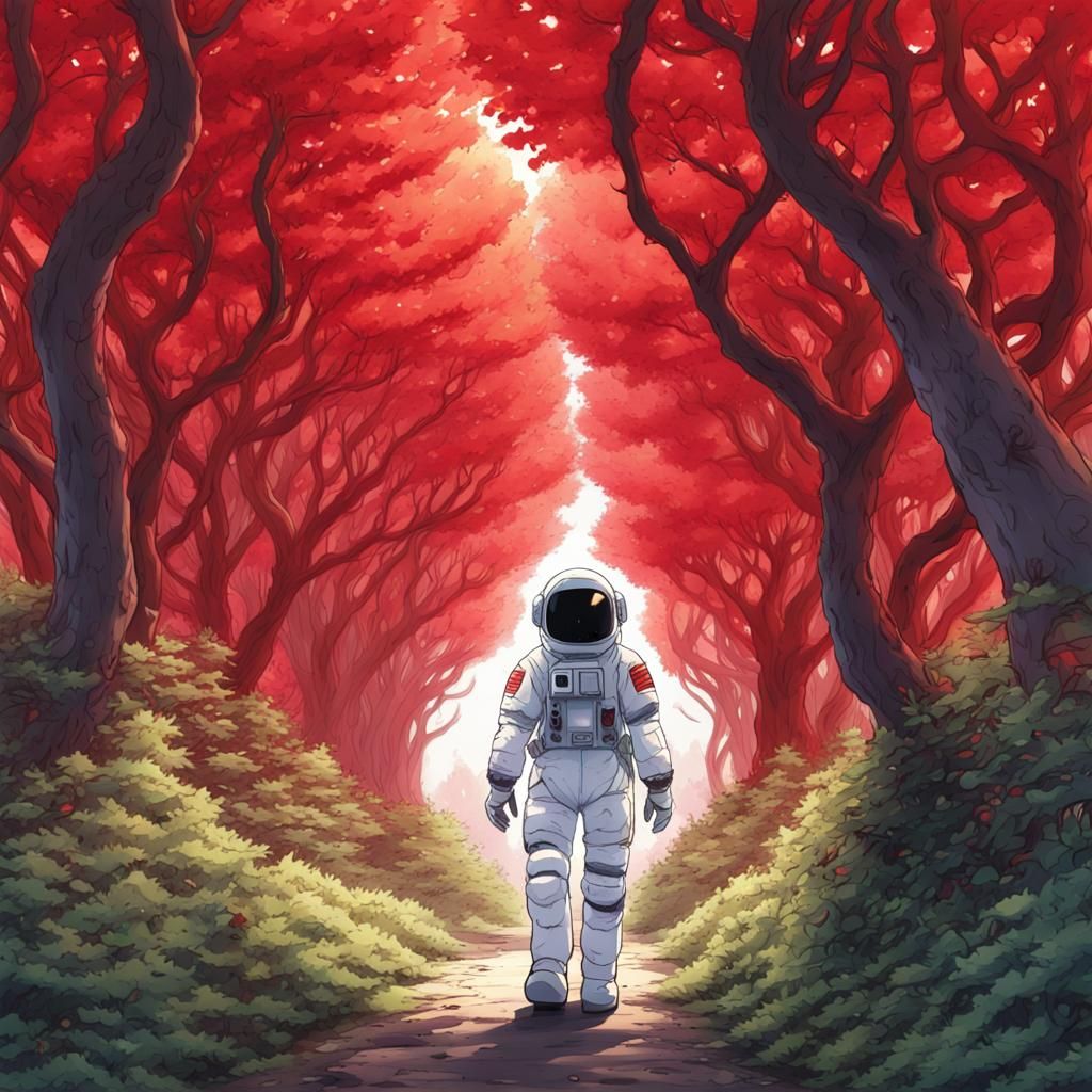 Astronaut in Red Vine Forest: Anime Style