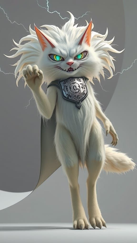 Cyberpunk White Cat Villain in Dark Fantasy Setting