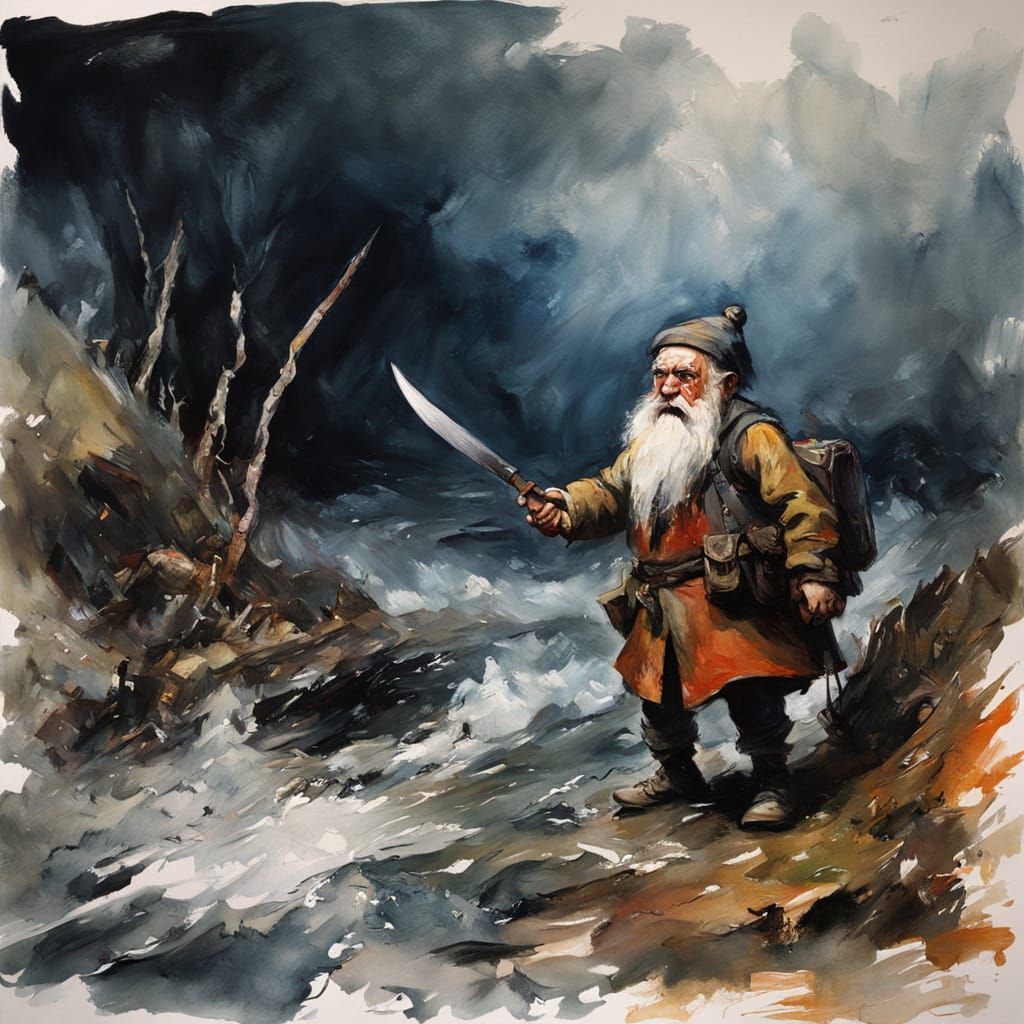 Angry Gnome Ready for Battle: Gouache Painting