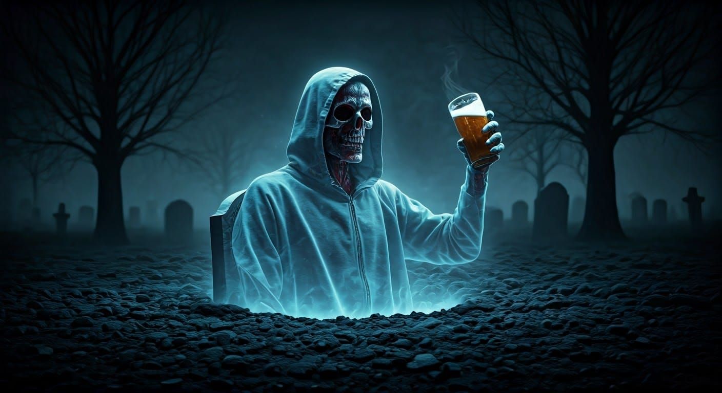 Ethereal Specter Sips Beer in Haunted Graveyard