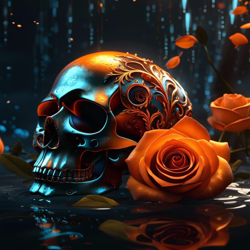 Orange Rose and Skull Matte Painting