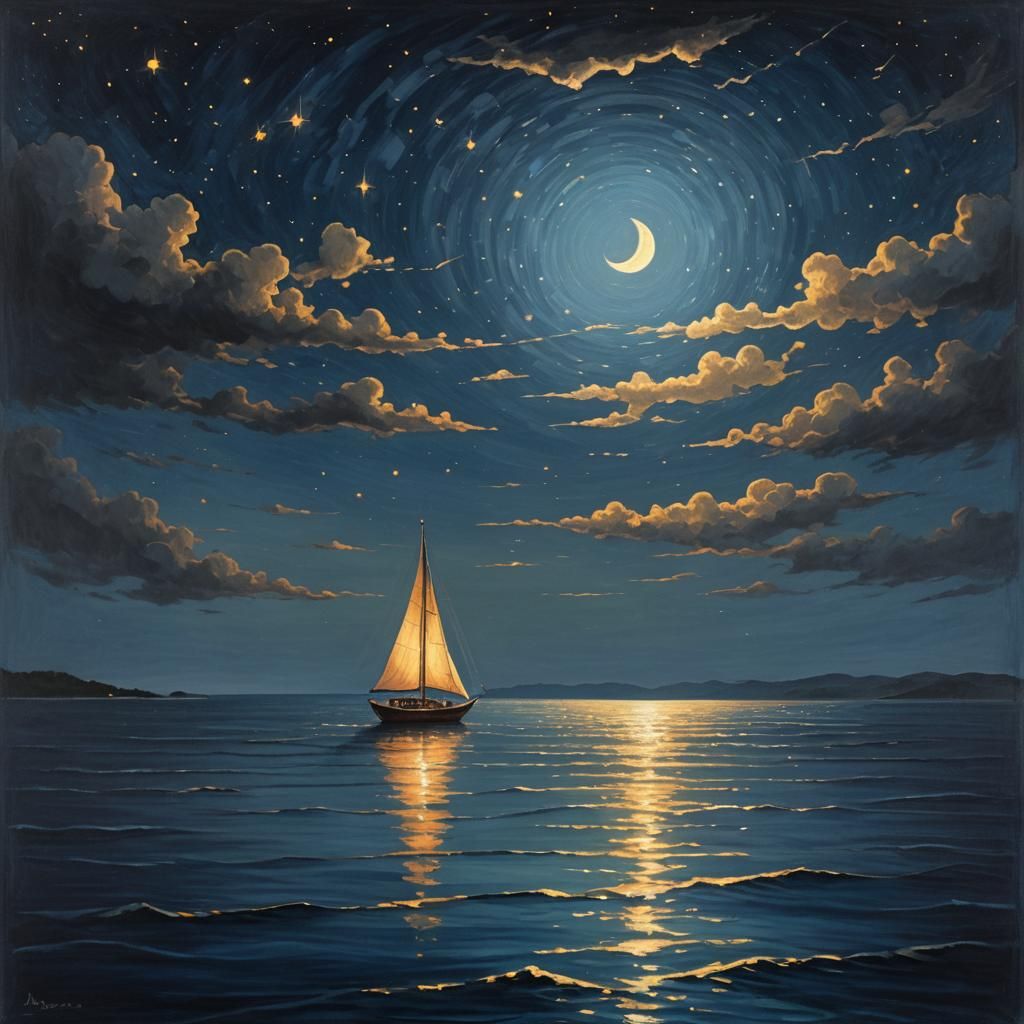 Serene Bioluminescent Sailboat Under Starry Night