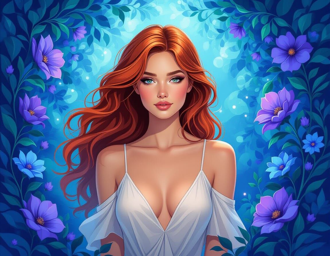 Ethereal Fantasy Illustration of Woman Amidst Blooming Flowe...