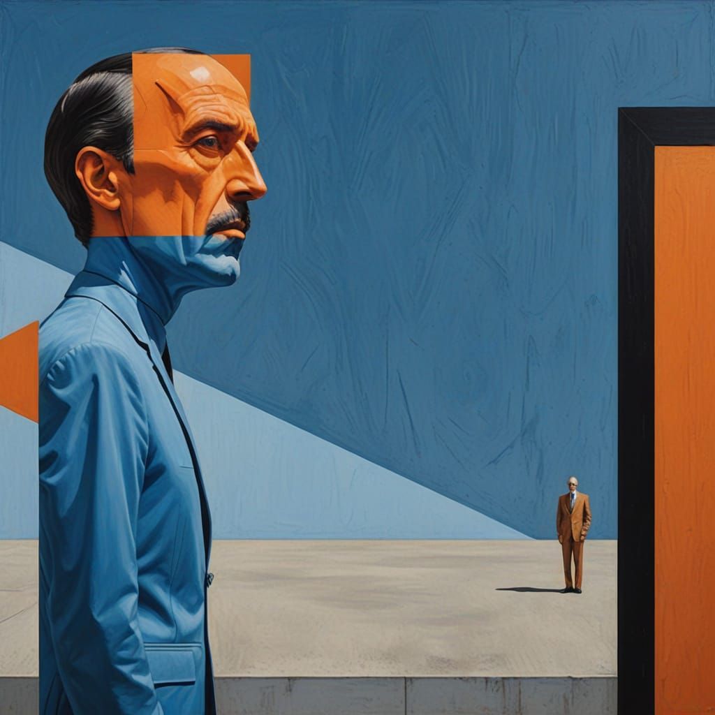 Mad Man Contemplates Tiny Reflection in Vibrant Orange and B...