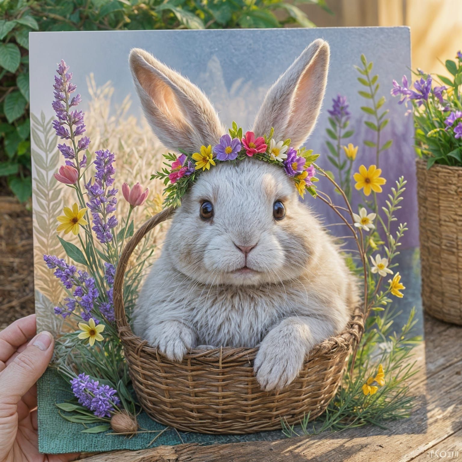 Whimsical Gouache Portrait of a Bunny in a Flower Crown