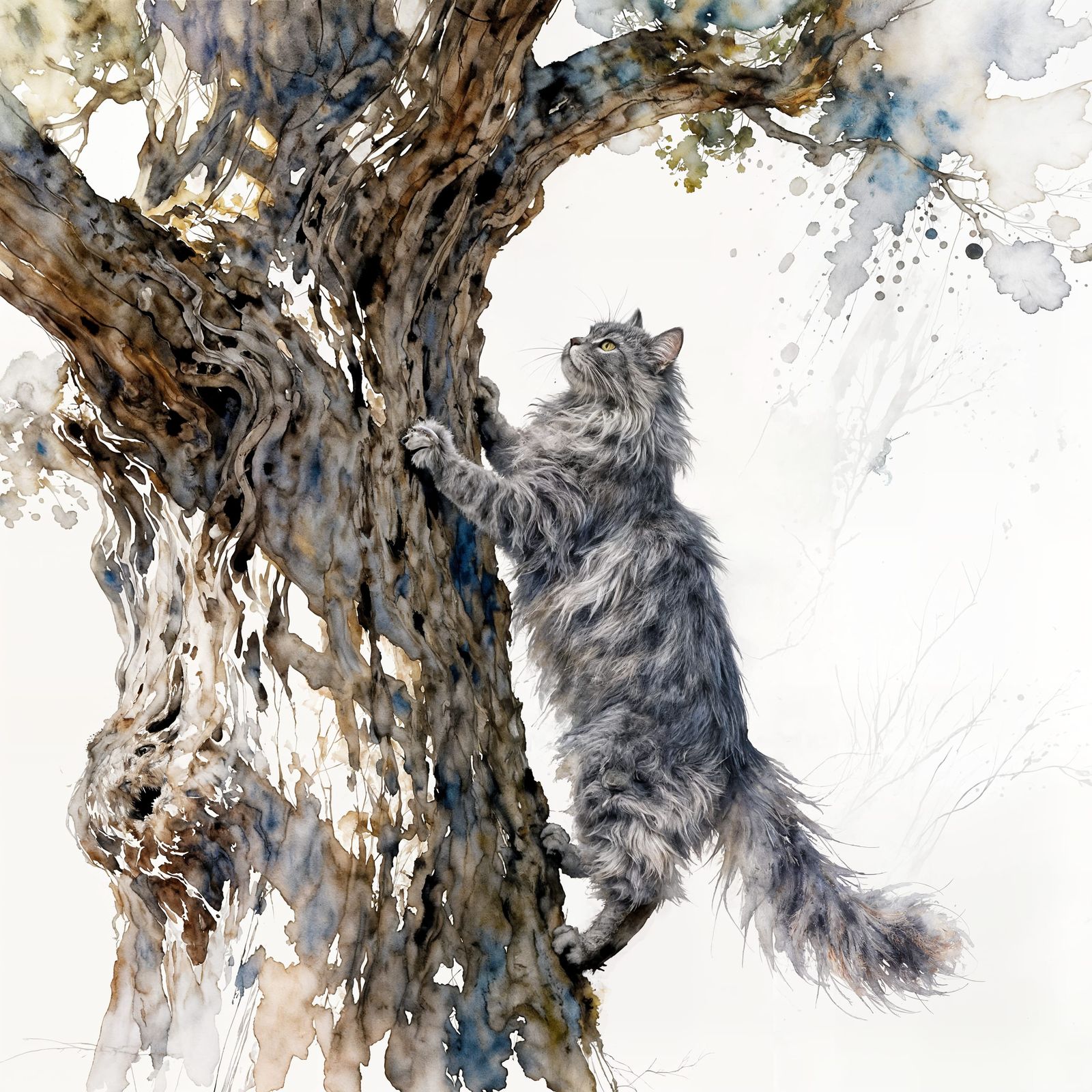 Angora Cat Ascends Old Oak Tree in Watercolour Style