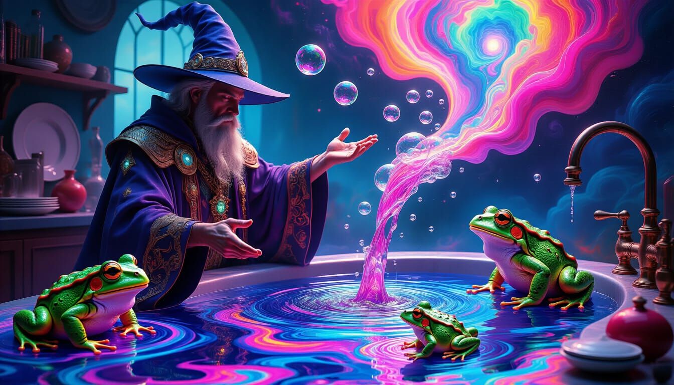 Psychedelic Frogs Clean Dishes in Surrealist Mage Scene