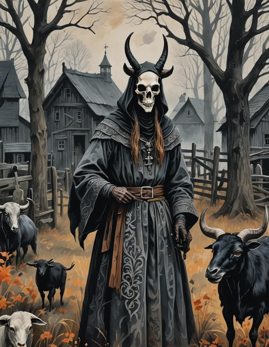 Eerie Woodcut: Demonic Cultist on Salem Farm