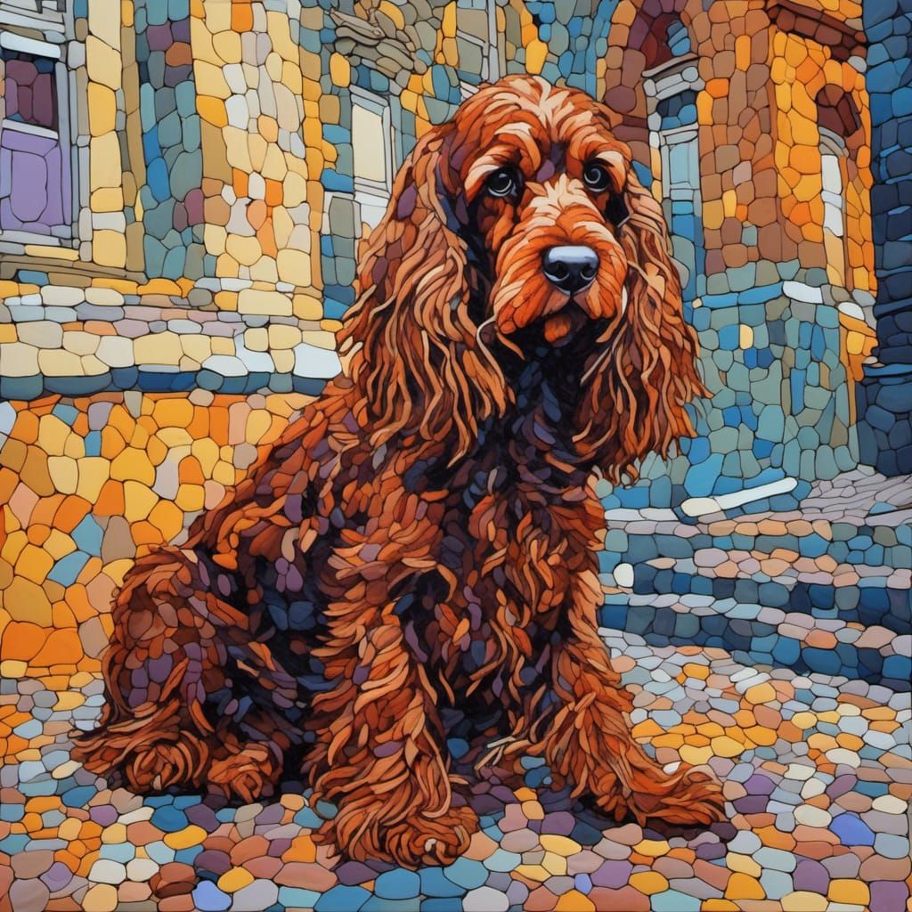Cocker Spaniel Devil in Turin, Pyrography Neo-Impressionism