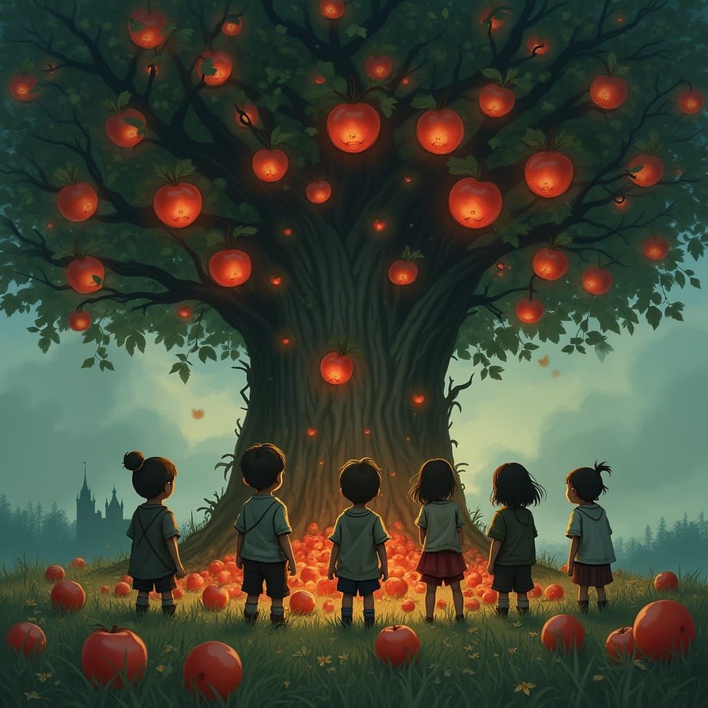 Glowing Apple Tree and Sad Children: Mystical Scene