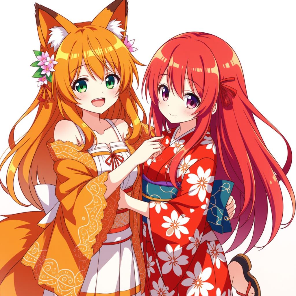 Anime Fox Girl and Red-Haired Girl in Kimono