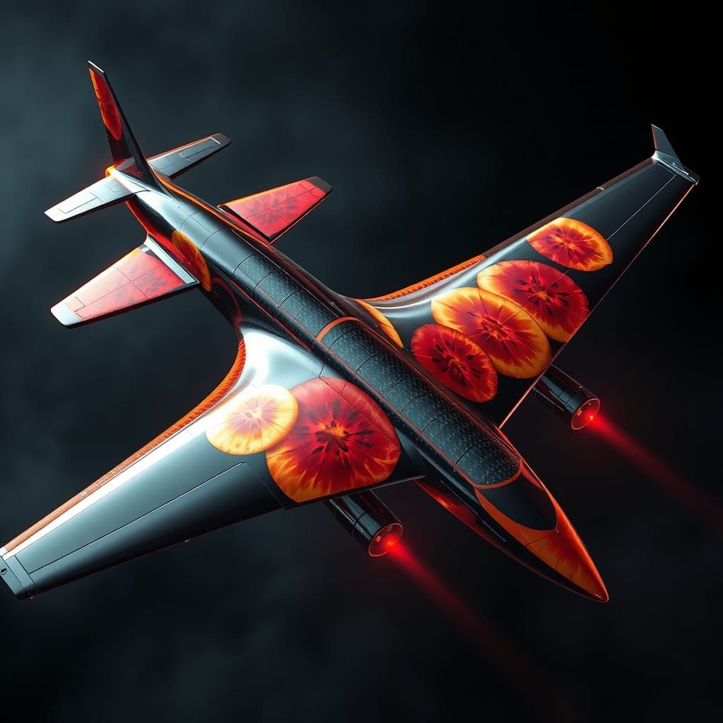 Futuristic Airplane with Swirling Patterns of Spitting Fruit...