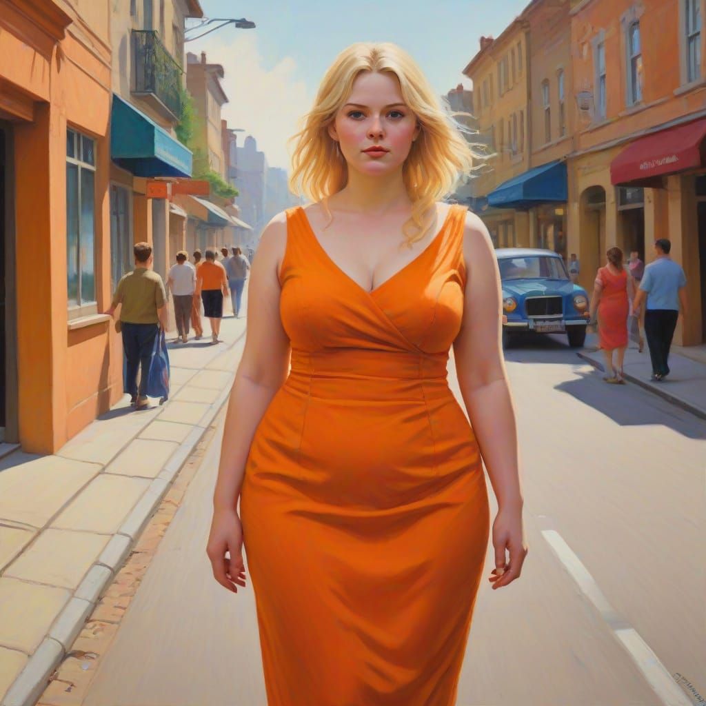 Woman in Carrot Dress, Oil Painting