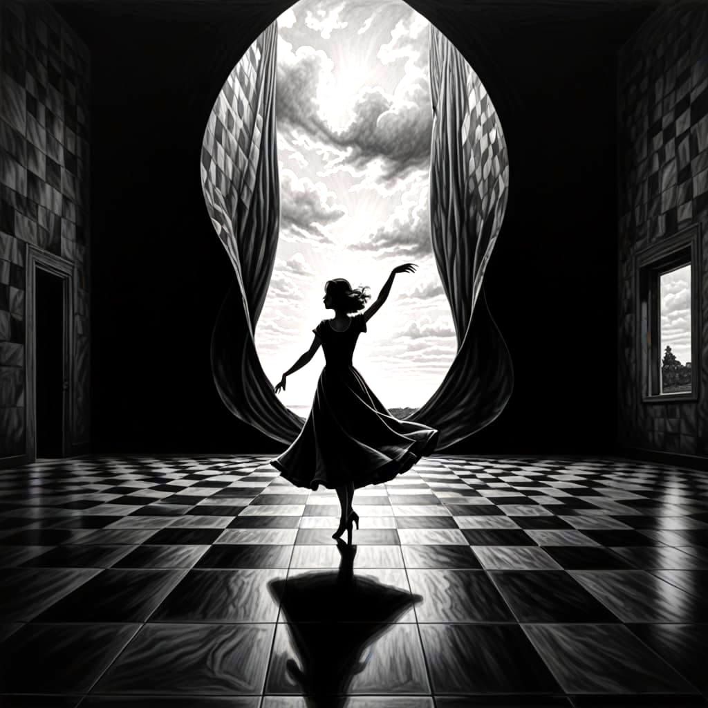 A Woman Dancing in a Wave-like Black and White Environment