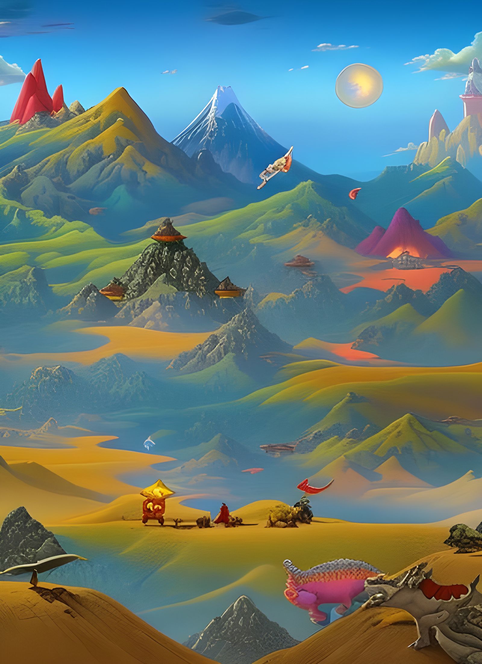 Surreal Mashup: Magicians, Dinosaurs, and Rainbow Deserts