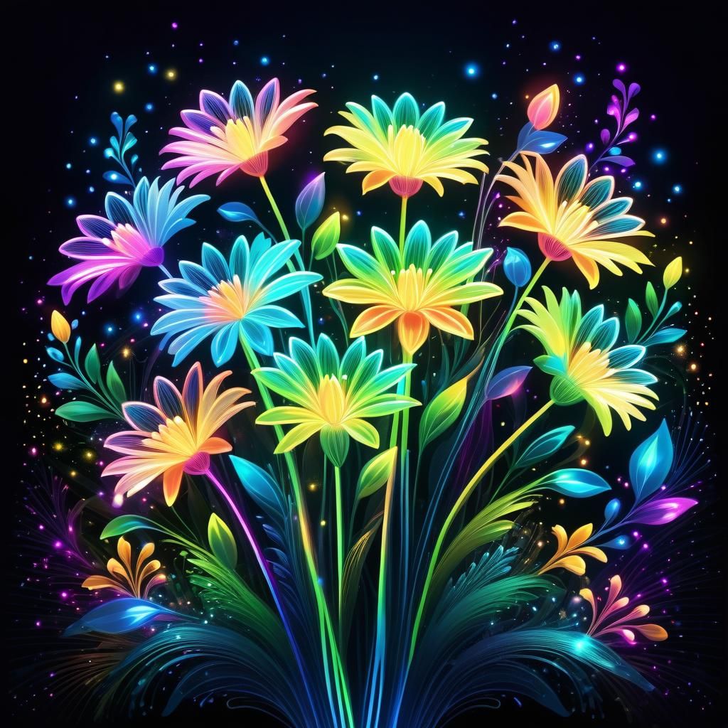 Luminous Magical Flower Bouquet with Neon Outlines