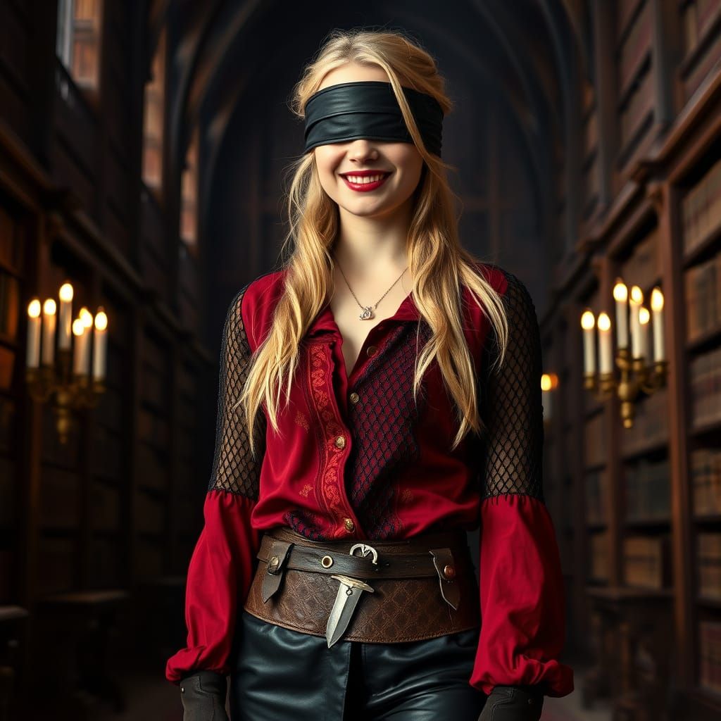 Medieval Maiden in Leather Blindfold, Chain Mail, and Sword