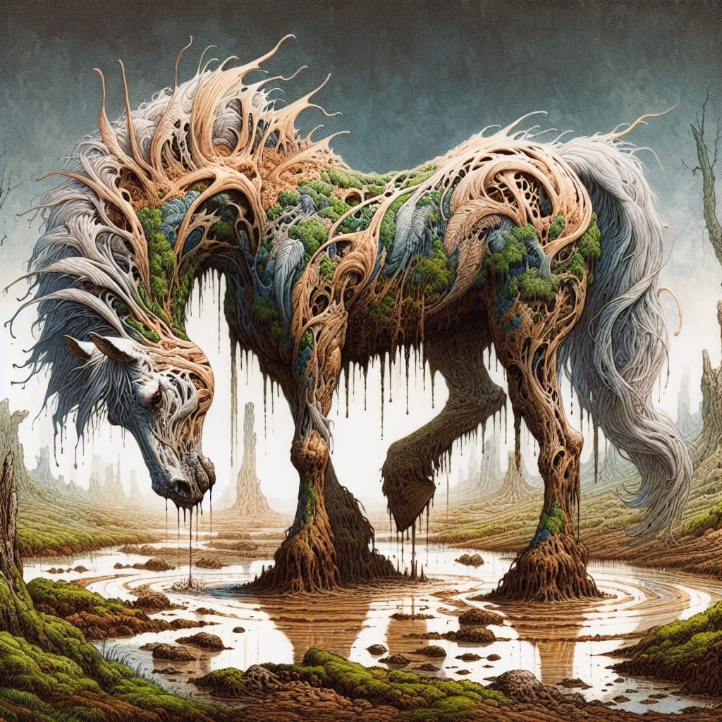 Fantasy Marsh Horse Hybrid in Mystical Bog Landscape