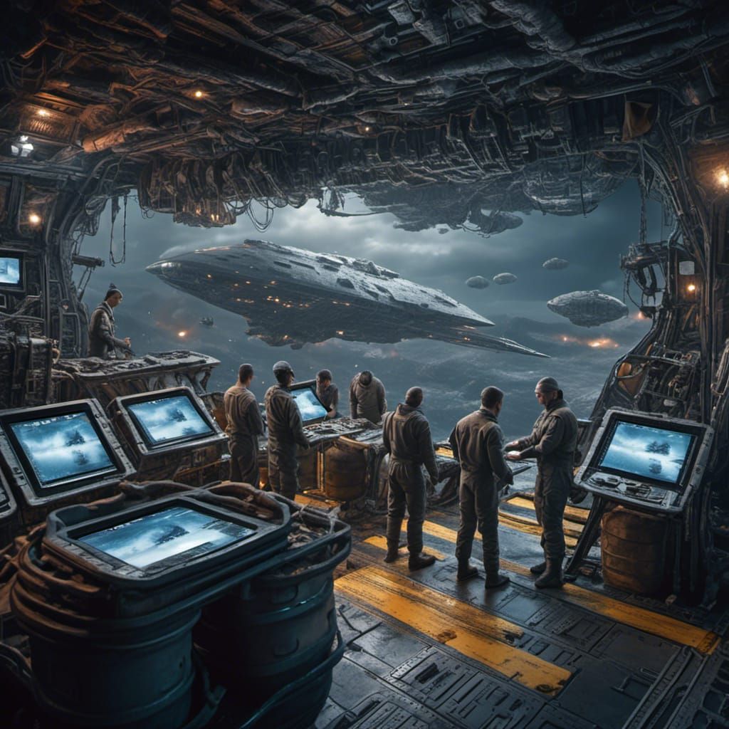 Spaceship Loading Bay: Supplies and Crew in Action