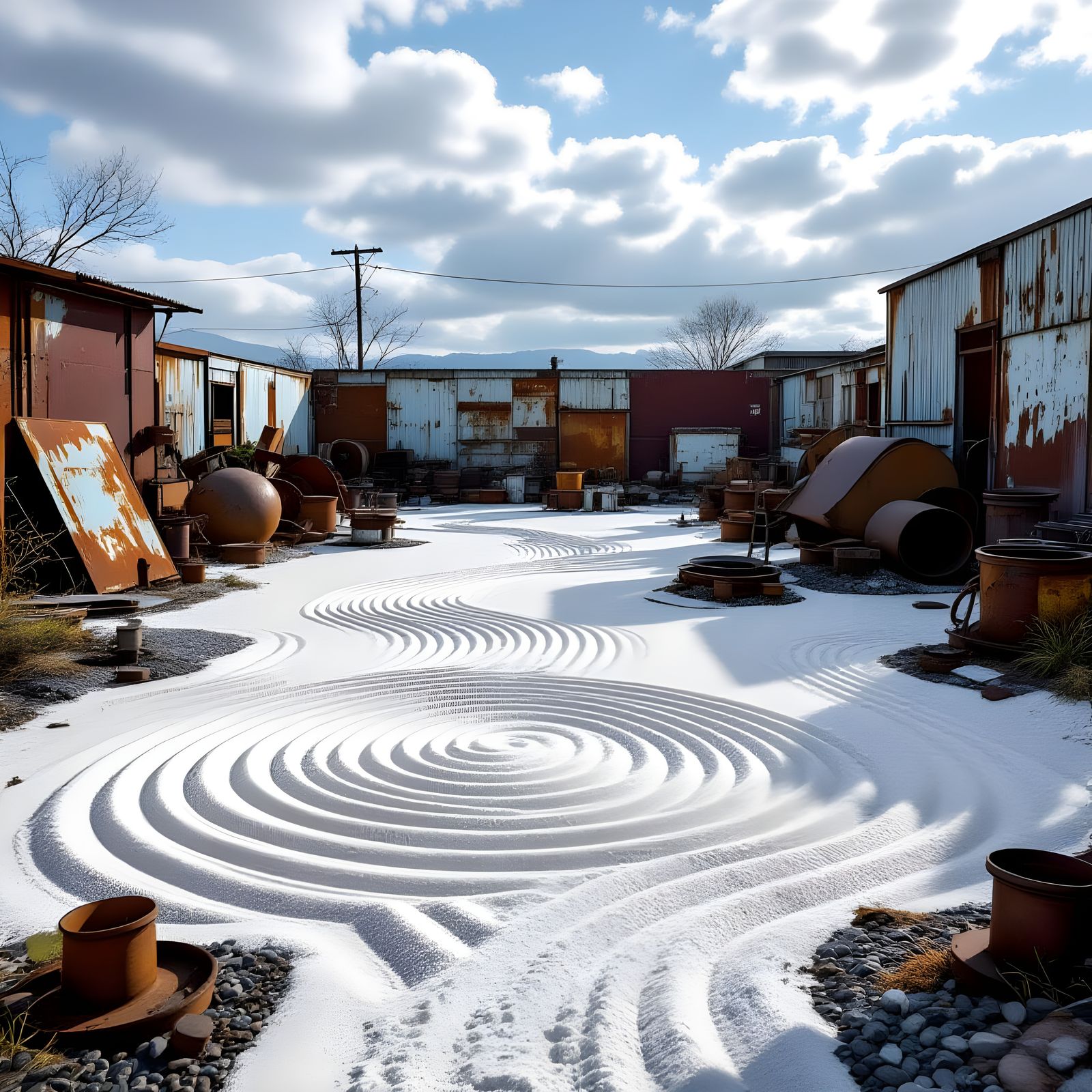 Zen Garden Meets Junkyard: A Hyperrealistic Contrast