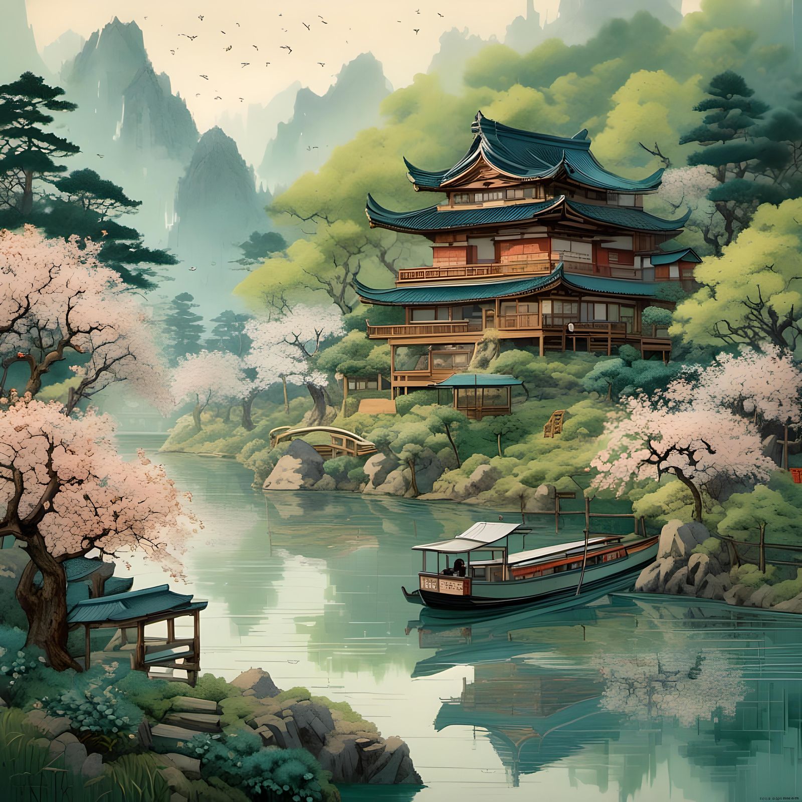 Japanese House by River: Hyperreal Scene