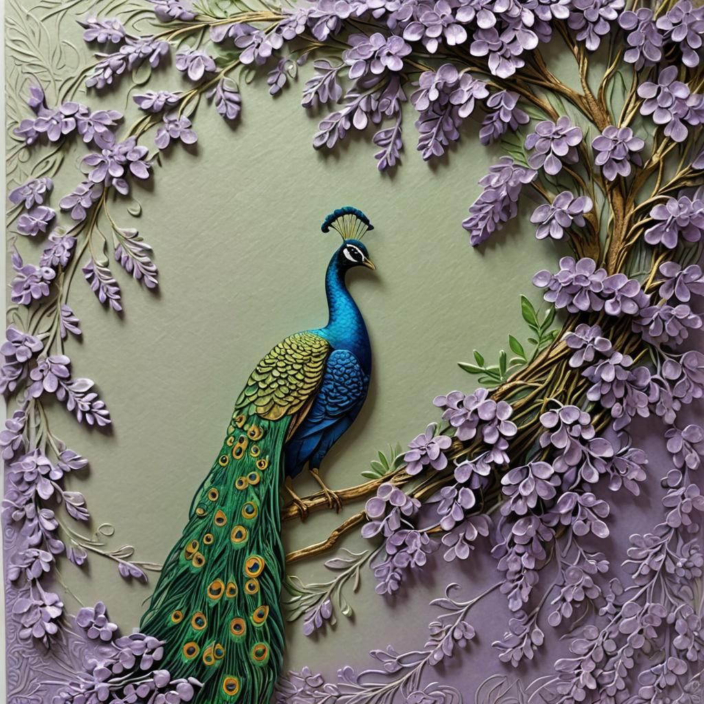 Embossed Peacock and Wisteria on Textured Paper