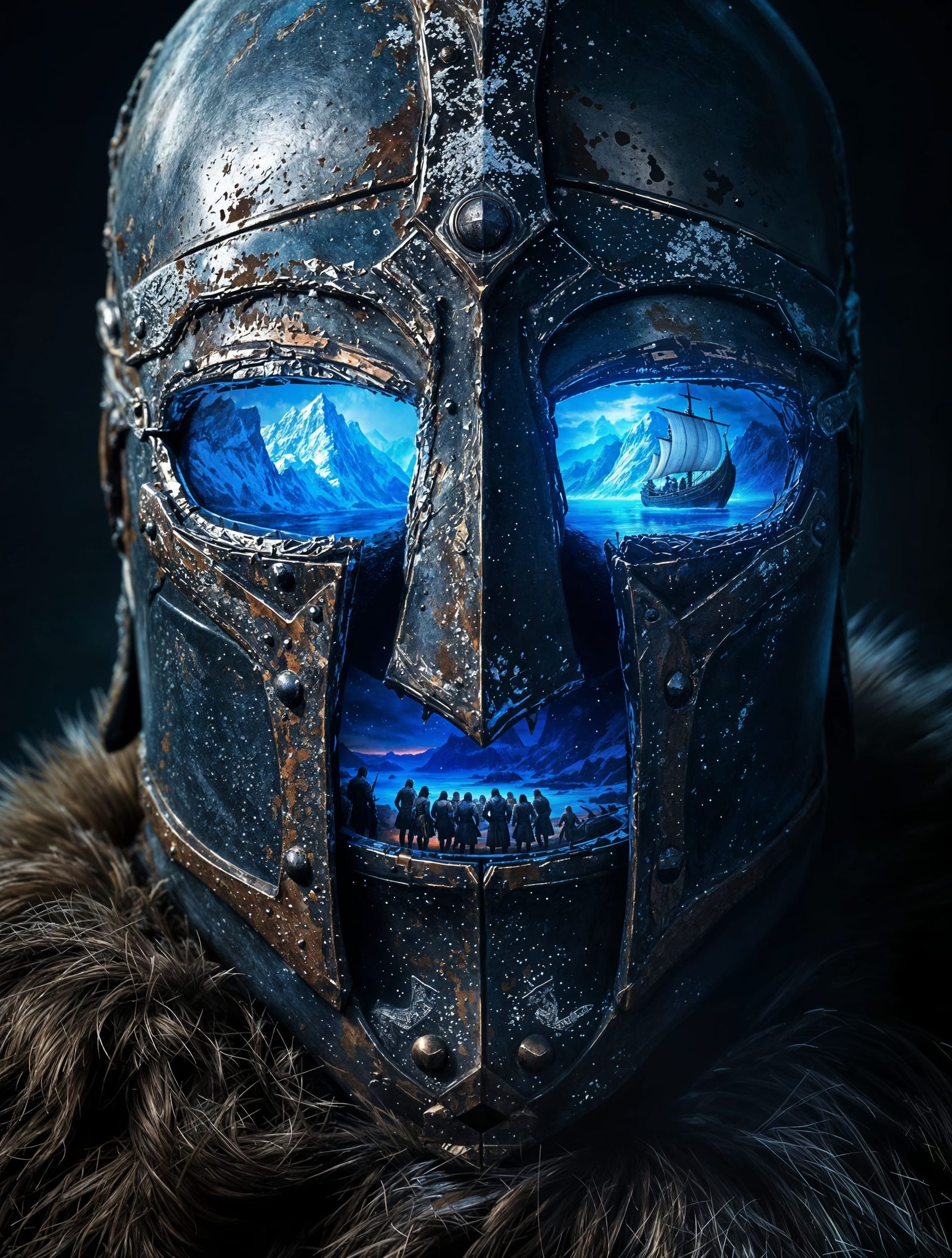 Weathered Viking Helmet Containing Ancient Scenes in Frosty ...