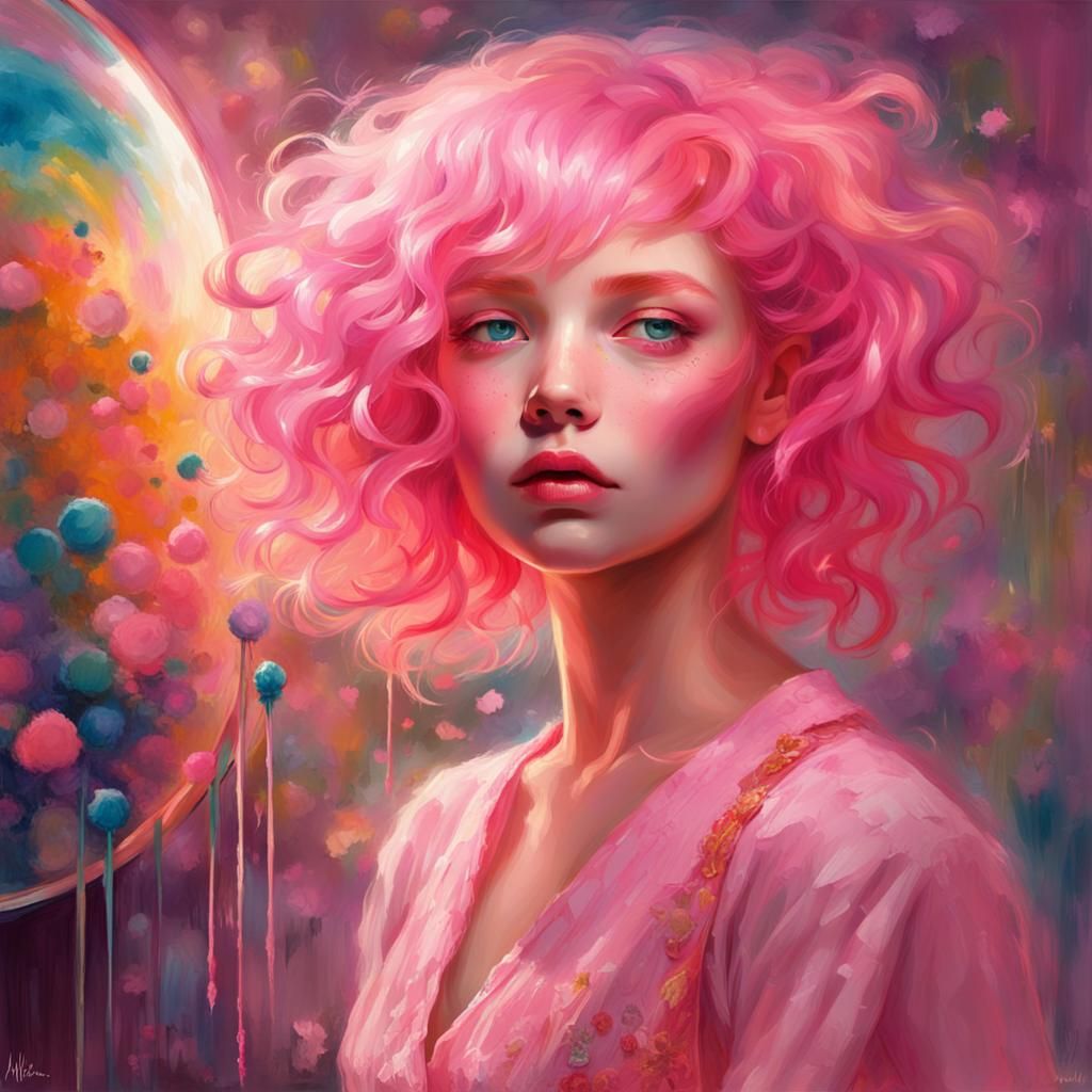 In a vibrant, sunlit studio, a young, bright pink haired muse, like a cotton candy reborn, wearing a pink dres, breathes...