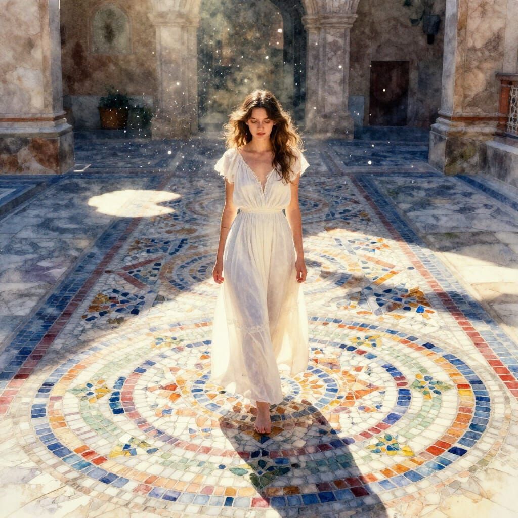 Woman in White Dress on Sunlit Mosaic Pathway
