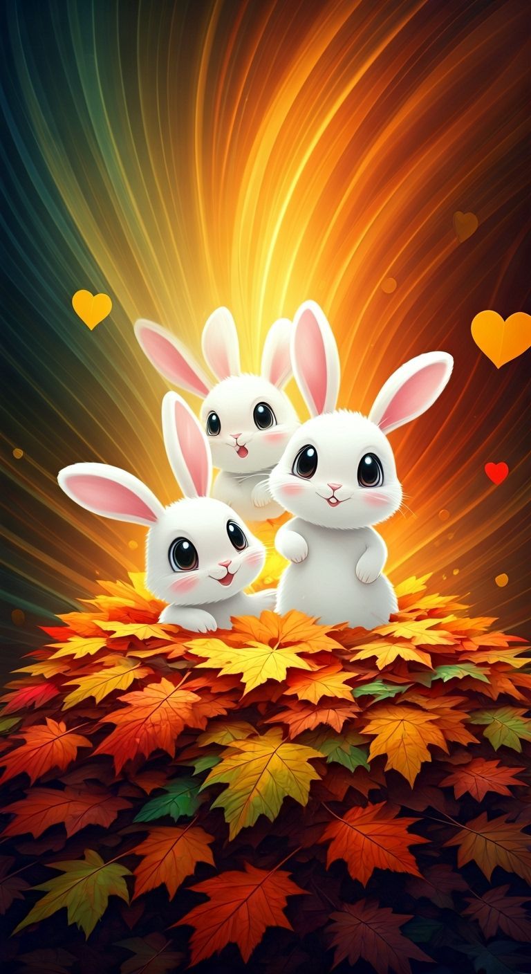 Joyful Chibi Rabbits Play in Autumn Leaves and Nebula