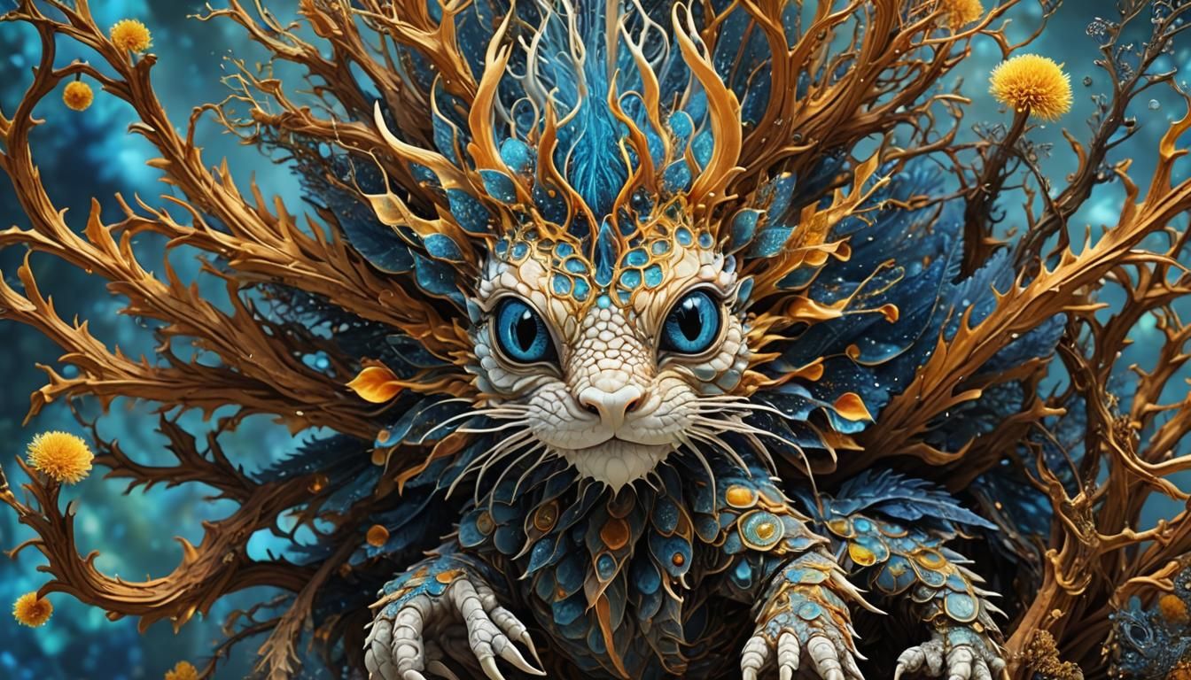 Opalescent Lionfish-Dragon Hybrid in Bioluminescent City